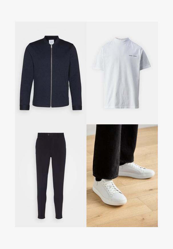 Chaqueta bomber de un oscuro color azul marino con cremallera frontal, cuello redondo y mangas con puños. Hecha de una tela suave con un diseño minimalista.; Camisa de algodón blanca con un cuello alto y mangas cortas. Presenta el logo "SAMSØE SAMSØE" en negro en la parte delantera. Textura suave.; Pantalones ajustados de color azul marino, con un corte slim, que cuentan con un cierre de botón, bolsillos laterales y una tela suave con una ligera textura.; Zapatillas bajas de cuero blanco, con cierre de cordones, punta redonda y diseño minimalista. Combinadas con jeans negros ajustados.