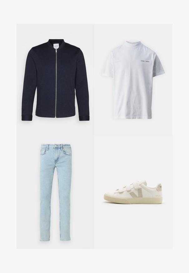 Dunkelblaue Bomberjacke mit einem Frontreißverschluss, rundem Halsausschnitt und umgeschlagenen Ärmeln. Aus einem glatten Stoff mit einem minimalistischen Design gefertigt.; Weißes Baumwoll-T-Shirt mit hohem Ausschnitt und kurzen Ärmeln. Mit schwarzem "SAMSØE SAMSØE" Logo auf der Vorderseite. Glatte Textur.; Hellblaue Jeans aus Denim mit geradem Bein, ausgestattet mit fünf Taschen, dezentem Used-Look und klassischen Ziernähten.; Weiße Leder-Sneaker mit Klettverschlüssen, beigen Akzenten, runder Zehenform, strukturiertem Gummisohle und eingeprägtem Logo. Minimalistisches Design.