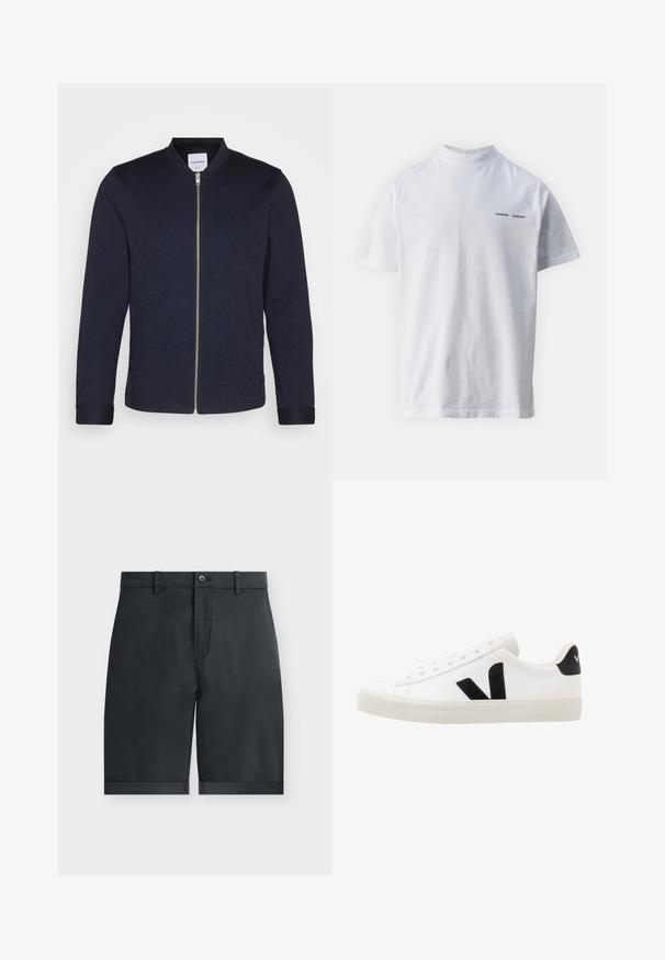 Mørkeblå bomberjakke med frontlynlås, rund halsudskæring og manchetter. Lavet af et glat stof med et minimalistisk design.; Hvid bomulds t-shirt med høj halsudskæring og korte ærmer. Har "SAMSØE SAMSØE" logo i sort på forsiden. Glat tekstur.; Sorte knælange shorts med opsmøgede kanter, knaplukning, bæltestropper og flad frontdesign på en ensfarvet hvid baggrund.; Hvide lædersneakers med sorte ruskindsdetaljer; har en gummisål, rund tå og klassisk snørebåndsdesign. Side logo i sort.