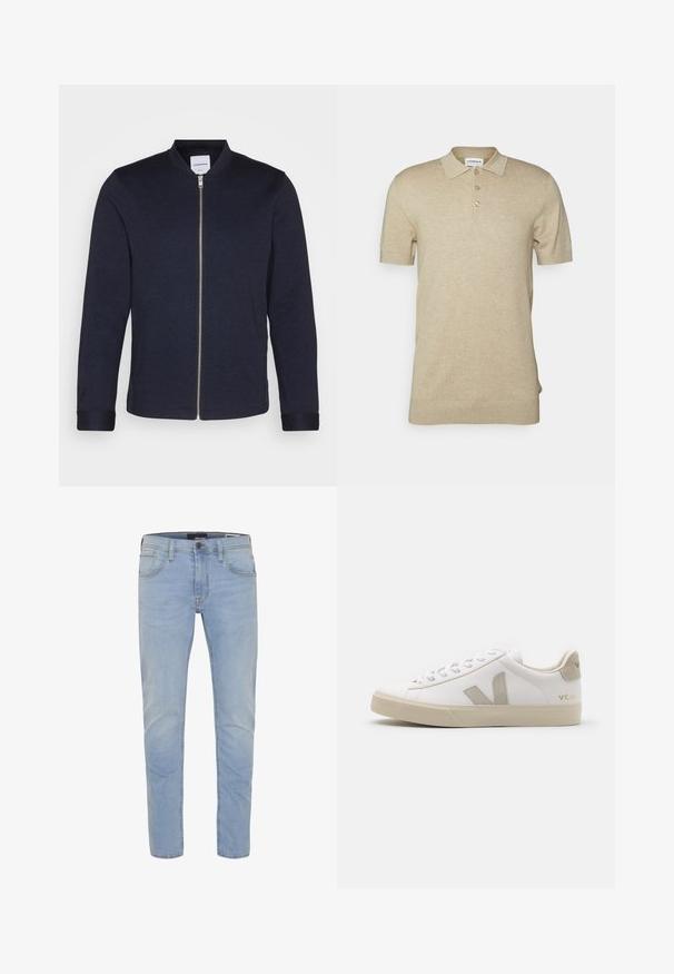 Dunkelblaue Bomberjacke mit einem Frontreißverschluss, rundem Halsausschnitt und umgeschlagenen Ärmeln. Aus einem glatten Stoff mit einem minimalistischen Design gefertigt.; Beige Poloshirt mit kurzen Ärmeln aus weichem Strick, mit einem Kragen, drei braunen Knöpfen und einem kleinen gestickten Logo auf der Brust.; Hellblaue Jeans aus Denim mit geradem Schnitt, Fünf-Taschen-Design und subtilen Stickdetails. Der Stoff hat eine glatte, klassische Textur.; Weiße Ledersneaker mit beigen Akzenten, flacher Gummisohle, runder Zehenpartie und kontrastierendem Logo an der Seite und Rückseite. Mit Schnürdesign.