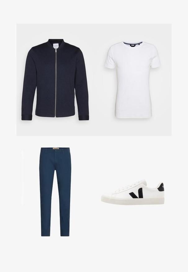 Donker marineblauwe bomberjack met een voorkANT ritssluiting, ronde halslijn en omgeslagen mouwen. Gemaakt van een soepele stof met een minimalistisch ontwerp.; Lindbergh T-shirt basic - white; Marineblauwe slim-fit herenbroek met riemlussen, sluiting met knoop aan de voorkant en zijzakken, tentoongesteld tegen een witte achtergrond.; Witte leren sneaker met zwarte suède accenten; voorzien van een rubberen zool, ronde neus en een klassieke vetersluiting. Zijkant met logo in het zwart.