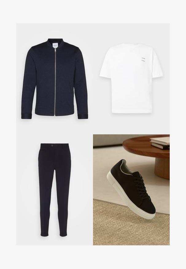 Veste bomber bleu marine foncé avec une fermeture éclair sur le devant, un col rond et des manches resserrées. Fabriquée dans un tissu lisse avec un design minimaliste.; T-shirt blanc en coton avec une coupe décontractée, des manches courtes et un col en V. Présente deux petits logos noirs imprimés sur le côté gauche.; Pantalons ajustés bleu marine sur mesure, avec une coupe slim, dotés d'une fermeture à bouton, de poches latérales et d'un tissu lisse légèrement texturé.; Baskets noires avec semelle blanche flottant au-dessus d'un tapis texturé beige, près d'une table en bois ronde avec des livres empilés.