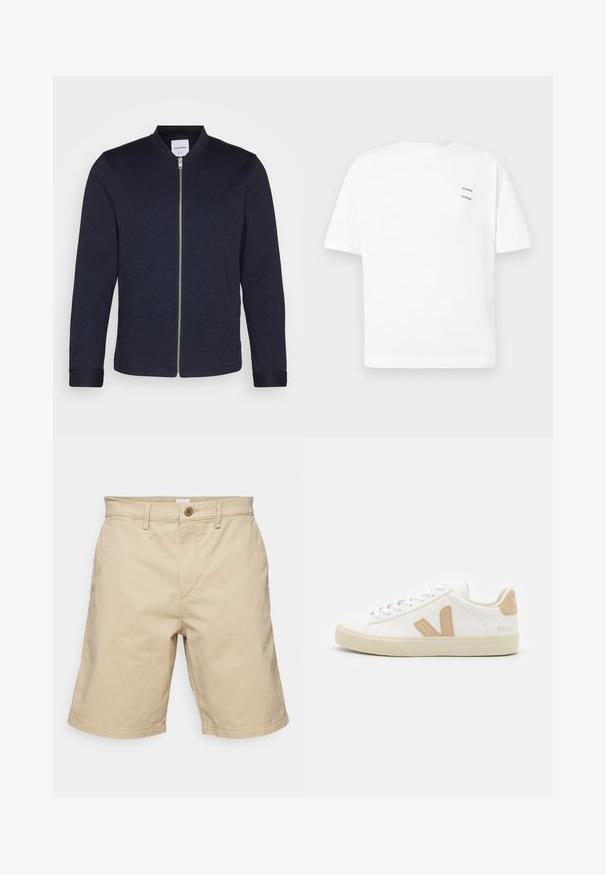 Veste bomber bleu marine foncé avec une fermeture éclair sur le devant, un col rond et des manches resserrées. Fabriquée dans un tissu lisse avec un design minimaliste.; T-shirt blanc en coton avec une coupe décontractée, des manches courtes et un col en V. Présente deux petits logos noirs imprimés sur le côté gauche.; GAP ESSENTIAL - Short - iconic khaki; Baskets blanches avec des accents beiges, en cuir lisse, bout rond, semelle en caoutchouc plate, et laçage à l'avant avec un logo au talon.