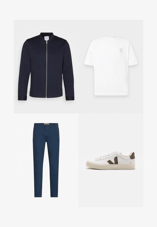 Dunkelblaue Bomberjacke mit einem Frontreißverschluss, rundem Halsausschnitt und umgeschlagenen Ärmeln. Aus einem glatten Stoff mit einem minimalistischen Design gefertigt.; Weißes Baumwoll-T-Shirt mit lässiger Passform, kurzen Ärmeln und V-Ausschnitt. Verfügt über zwei kleine schwarze gedruckte Logos auf der linken Seite.; Marineblaue Slim-Fit-Hosen für Herren mit Gürtelschlaufen, Frontknopfverschluss und Seitentaschen, vor einem weißen Hintergrund präsentiert.; Weiße Leder-Sneaker mit einer hellbeigen Gummisohle. Mit braunem Wildleder-V-Logo und Fersenlasche. Schnürverschluss mit texturierter Oberfläche.