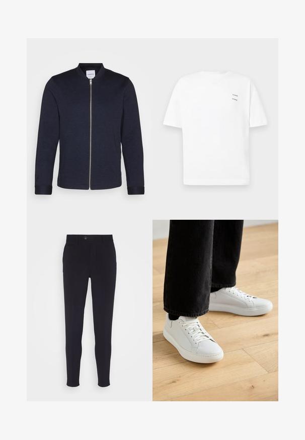 Donker marineblauwe bomberjack met een voorkANT ritssluiting, ronde halslijn en omgeslagen mouwen. Gemaakt van een soepele stof met een minimalistisch ontwerp.; Witte katoenen t-shirt met een relaxed fit, korte mouwen en een V-hals. Bevat twee kleine zwarte bedrukte logo's aan de linkerkant.; Marinelblauwe tailored broek met een slim fit, voorzien van een knoopsluiting, zijzakken en een gladde, licht gestructureerde stof.; Lage sneakers van wit leer, met vetersluiting, ronde neus en een minimalistisch ontwerp. Gepaart met zwarte, tapered jeans.