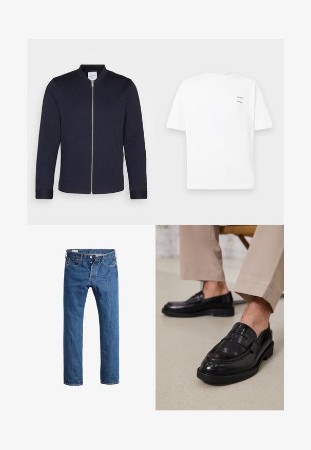 Dunkelblaue Bomberjacke mit einem Frontreißverschluss, rundem Halsausschnitt und umgeschlagenen Ärmeln. Aus einem glatten Stoff mit einem minimalistischen Design gefertigt.; Weißes Baumwoll-T-Shirt mit lässiger Passform, kurzen Ärmeln und V-Ausschnitt. Verfügt über zwei kleine schwarze gedruckte Logos auf der linken Seite.; Blaue Denim-Jeans mit geradem Bein, Frontknopfverschluss, Gürtelschlaufen und klassischem Fünf-Taschen-Stil.; Schwarze Lederloafers mit glatter Oberfläche, ausgestattet mit einem dekorativen Riemen und Kontrastnähten, kombiniert mit beigen Hosen.