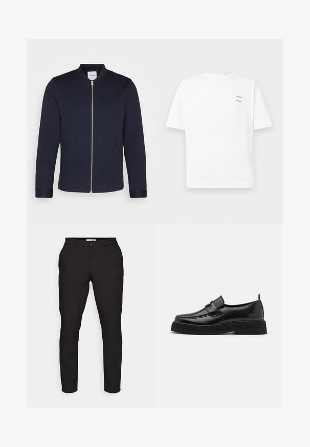 Veste bomber bleu marine foncé avec une fermeture éclair sur le devant, un col rond et des manches resserrées. Fabriquée dans un tissu lisse avec un design minimaliste.; T-shirt blanc en coton avec une coupe décontractée, des manches courtes et un col en V. Présente deux petits logos noirs imprimés sur le côté gauche.; Pantalons noirs ajustés avec une coupe slim. Comprend une fermeture à glissière, un bouton, des poches latérales et un tissu lisse et léger.; Chaussures en cuir noir de style mocassin avec une semelle plate et texturée, présentant un bout piqué et une sangle traversant le cou-de-pied.
