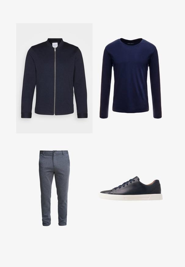 Donker marineblauwe bomberjack met een voorkANT ritssluiting, ronde halslijn en omgeslagen mouwen. Gemaakt van een soepele stof met een minimalistisch ontwerp.; Marineblauwe longsleeve T-shirt van zacht katoen, met een klassieke ronde hals en een gladde textuur zonder zichtbare patronen of accenten.; Donkergrijze, slim-fit herenbroek met knoopsluiting en riemlussen, weergegeven tegen een witte achtergrond.; Marineblauwe leren sneakers met een gladde afwerking, platte witte rubberen zool, ronde neus en zes marineblauwe veters die door ronde oogjes zijn geregen.
