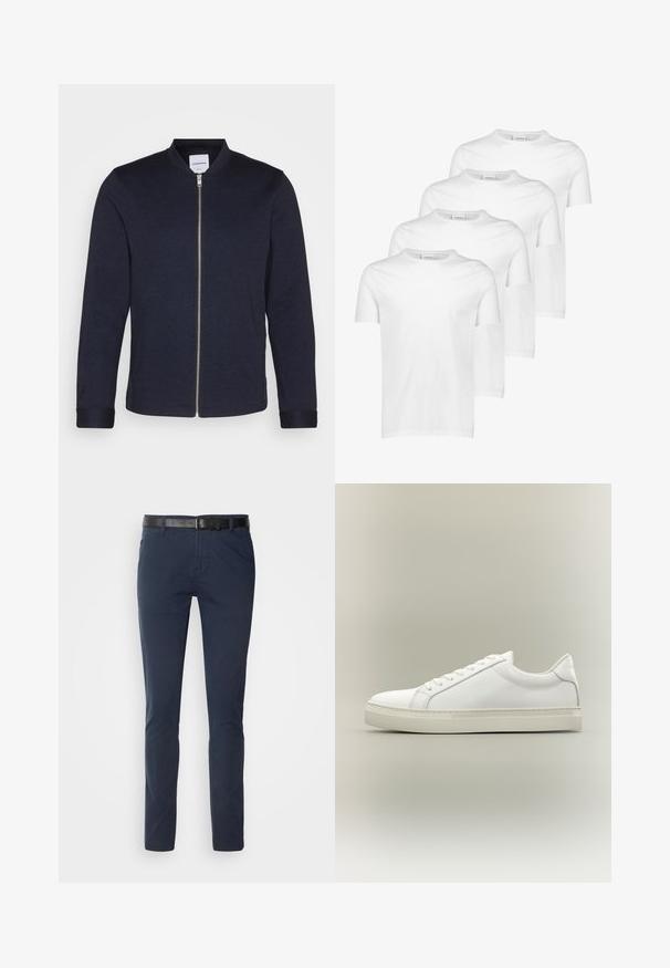 Chaqueta bomber de un oscuro color azul marino con cremallera frontal, cuello redondo y mangas con puños. Hecha de una tela suave con un diseño minimalista.; Camisetas de algodón blancas, de manga corta, con cuello redondo, textura suave, cuatro piezas apiladas con diseño consistente y sin patrones ni acentos.; Pantalones de algodón azul marino con corte ajustado, que presentan un cinturón de cuero negro texturizado y bolsillos clásicos. Diseño limpio, sin patrones.; Zapatilla blanca de perfil bajo con cordones en la parte delantera y suela gruesa, mostrada de lado sobre un fondo neutro.