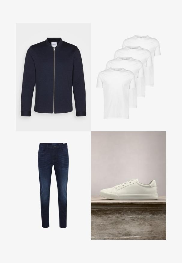 Chaqueta bomber de un oscuro color azul marino con cremallera frontal, cuello redondo y mangas con puños. Hecha de una tela suave con un diseño minimalista.; Camisetas de algodón blancas, de manga corta, con cuello redondo, textura suave, cuatro piezas apiladas con diseño consistente y sin patrones ni acentos.; Jeans de mezclilla azul oscuro con un corte slim, diseño de cinco bolsillos, sutil desgaste en la tela, cierre de botón y etiqueta con el logo en la parte trasera de la cinturilla.; Zapatilla blanca con cordones flotando sobre un banco de madera con follaje verde al fondo, mostrando el diseño y la textura del zapato.