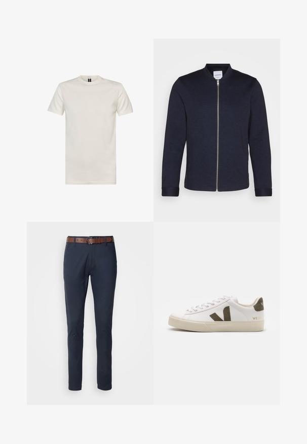 Chaqueta bomber de un oscuro color azul marino con cremallera frontal, cuello redondo y mangas con puños. Hecha de una tela suave con un diseño minimalista.; Camiseta de cuello redondo de manga corta en algodón color blanco roto. Presenta una textura suave, un ajuste estándar y un diseño minimalista sin estampados.; Pantalones de algodón azul marino con corte slim, que incluyen un cinturón de cuero marrón, cuatro bolsillos y una textura suave. Diseño minimalista sin patrones.; Zapatillas de cuero blanco con una suela de goma beige claro. Presenta un logo en forma de V de gamuza marrón y una pestaña en el talón. Cierre con cordones y superficie texturizada.
