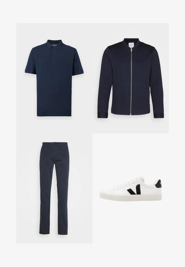 Σκούρο ναυτικό bomber jacket με φερμουάρ μπροστά, στρογγυλή λαιμόκοψη και μανίκια με κουμπιά. Φτιαγμένο από ένα λείο ύφασμα με μινιμαλιστικό σχέδιο.; Λιλά μπλουζάκι πόλο από μαλακό βαμβάκι. Διαθέτει κλασικό γιακά, πλάκα με δύο κουμπιά και κοντούς μαν sleeves. Διακριτό λογότυπο στο στήθος.; Ναυτικές μπλε παντελόνες από βαμβάκι, με ίσια γραμμή, θηλιές για ζώνη και κουμπί στην μπροστινή πλευρά. Απαλή υφή.; Λευκό δερμάτινο sneaker με μαύρες σουέτ λεπτομέρειες; διαθέτει καουτσούκ σόλο, στρογγυλή μύτη και κλασικό σχέδιο με κορδόνια. Λογότυπο στην πλευρά σε μαύρο χρώμα.