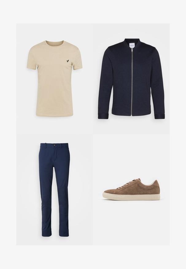 Veste bomber bleu marine foncé avec une fermeture éclair sur le devant, un col rond et des manches resserrées. Fabriquée dans un tissu lisse avec un design minimaliste.; T-shirt beige à manches courtes en tissu doux, avec un col rond et un petit logo d'oiseau noir sur la partie gauche de la poitrine.; Pantalon bleu marine en tissu lisse, avec un design à jambes droites, une fermeture éclair et une poche avant unique avec une fermeture à bouton.; Baskets décontractées en daim marron avec une silhouette basse, semelle en caoutchouc beige et six trous de lacet. Bout rond et design minimaliste.