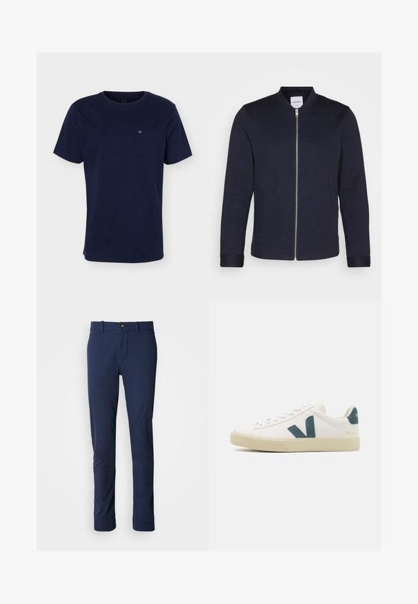 Dunkelblaue Bomberjacke mit einem Frontreißverschluss, rundem Halsausschnitt und umgeschlagenen Ärmeln. Aus einem glatten Stoff mit einem minimalistischen Design gefertigt.; Marineblaues T-Shirt mit kurzen Ärmeln und Rundhalsausschnitt mit einer Brusttasche, die ein kleines Logo auf einfarbigem Hintergrund zeigt.; Hose in Marineblau aus glattem Stoff mit geradem Bein, Reißverschluss und einer vorderen Tasche mit Knopfverschluss.; Weißes Ledersneaker mit einem Logo aus türkisem Wildleder, runder Zehenpartie, Schnürdesign und Gummisohle mit strukturierten Details. Markenname "VEJA" in Gold.