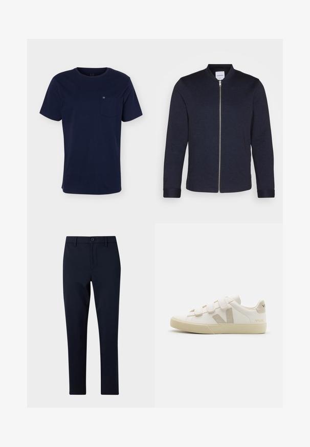 Chaqueta bomber de un oscuro color azul marino con cremallera frontal, cuello redondo y mangas con puños. Hecha de una tela suave con un diseño minimalista.; Camiseta azul marino de manga corta con cuello redondo y bolsillo en el pecho que muestra un pequeño logo sobre un fondo liso.; Pantalones azul marino de pierna recta con cierre de botón y cremallera, trabillas para cinturón y sin bolsillos visibles, mostrados sobre un fondo liso y claro.; Zapatillas de cuero blancas con correas de Velcro, acentos beige, punta redondeada, suela de goma texturizada y logo en relieve. Diseño minimalista.