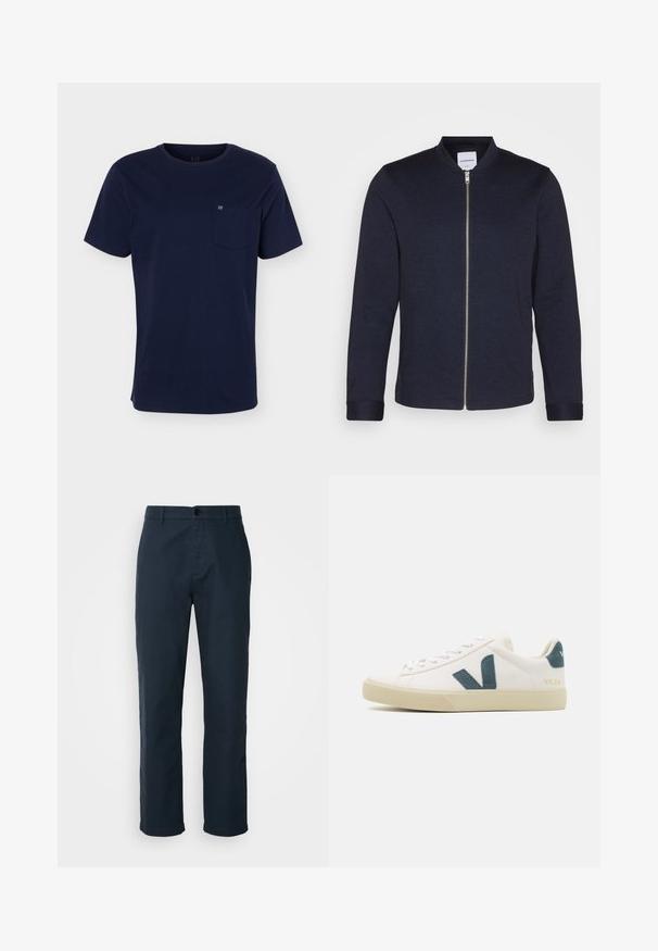 Donker marineblauwe bomberjack met een voorkANT ritssluiting, ronde halslijn en omgeslagen mouwen. Gemaakt van een soepele stof met een minimalistisch ontwerp.; Marineblauw T-shirt met korte mouwen en een ronde hals, met een borstzakje met een klein logo op een effen achtergrond.; Marineblauwe chino's gemaakt van katoen, met een rechte pijp, knoopsluiting en zijzakken voor praktische toepassingen.; Witte leren sneaker met een teal suede logo, ronde neus, vetersluiting en rubberen zool met textuurdetails. Merkenaam "VEJA" in goud.