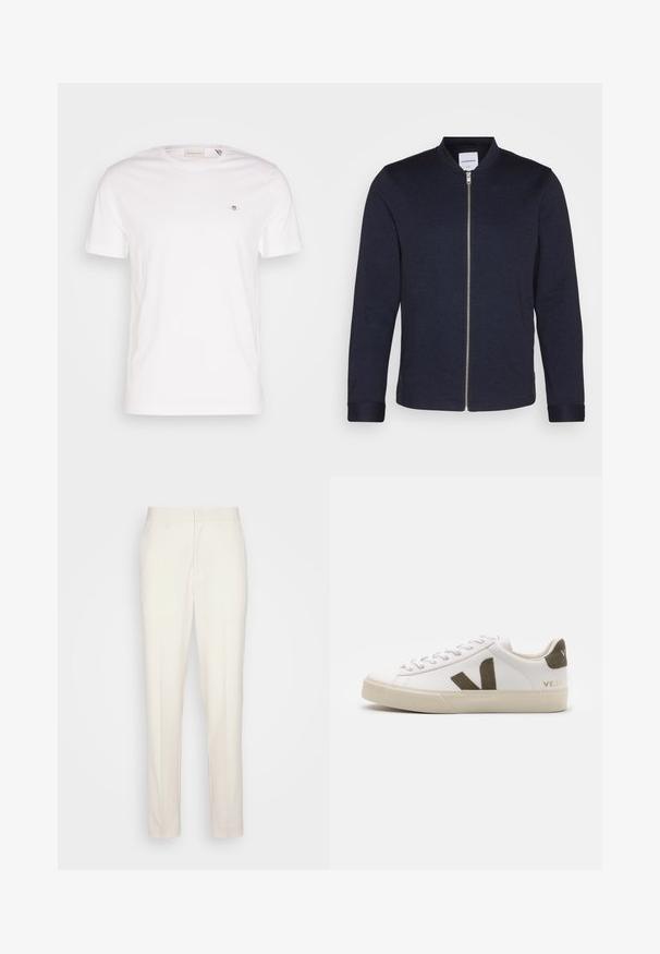Σκούρο ναυτικό bomber jacket με φερμουάρ μπροστά, στρογγυλή λαιμόκοψη και μανίκια με κουμπιά. Φτιαγμένο από ένα λείο ύφασμα με μινιμαλιστικό σχέδιο.; Λευκό βαμβακερό T-shirt με στρογγυλή λαιμόκοψη, κοντά μανίκια και ένα μικρό κεντημένο λογότυπο στο στήθος. Μαλακή υφή, απλός σχεδιασμός.; Κρεμ παντελόνι σύμφωνα με την κατάλληλη εφαρμογή, με ευθεία γραμμή, κατασκευασμένο από υφή υφάσματος. Περιλαμβάνει θηλιές για ζώνη και κλείσιμο με φερμουάρ μπροστά.; Λευκά δερμάτινα sneakers με ελαφριά μπεζ καουτσούκ σόλα. Διαθέτει καφέ σουέτ λογότυπο V και τακούνι. Κλείσιμο με κορδόνια και υφή επιφάνειας.