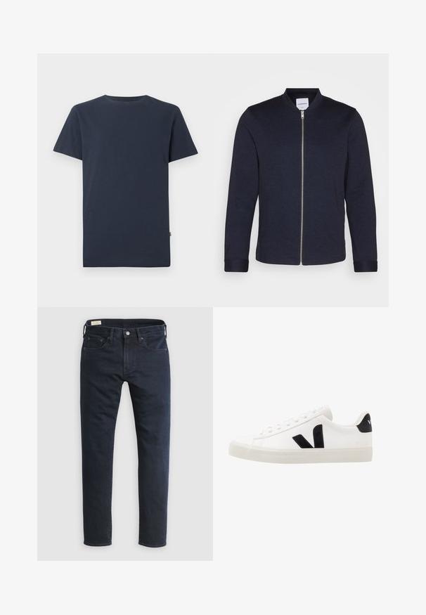 Mørkeblå bomberjakke med frontlynlås, rund halsudskæring og manchetter. Lavet af et glat stof med et minimalistisk design.; Enkelt mørk navyblå T-shirt med korte ærmer og rund halsudskæring med et lille hvidt SELECTED-mærke inde i kraven.; Mørkeblå denimjeans med straight-leg snit, fem-lomme design, frontknaplukning og minimalistiske syningsdetaljer.; Hvide lædersneakers med sorte ruskindsdetaljer; har en gummisål, rund tå og klassisk snørebåndsdesign. Side logo i sort.