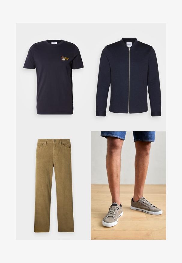 Mørkeblå bomberjakke med frontlynlås, rund halsudskæring og manchetter. Lavet af et glat stof med et minimalistisk design.; Mørkeblå bomuld t-shirt med korte ærmer og rund hals. Indeholder et lille broderet design med tekst på venstre brystområde.; Kanvasbukser i kaki farve med lige snit, der har en vertikal ribbet tekstur, bæltestropper og forlommer.; Grå ruskinds sneakers med hvide gummisåler, et low-top design og marineblå accenter. Snørebånd og perforerede detaljer på siderne er synlige.