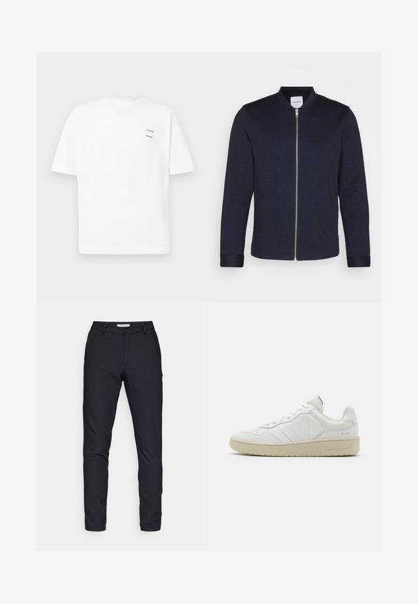 Σκούρο ναυτικό bomber jacket με φερμουάρ μπροστά, στρογγυλή λαιμόκοψη και μανίκια με κουμπιά. Φτιαγμένο από ένα λείο ύφασμα με μινιμαλιστικό σχέδιο.; Λευκό βαμβακερό μπλουζάκι με άνετη εφαρμογή, κοντά μανίκια και V-λαιμόκοψη. Διαθέτει δύο μικρά μαύρα τυπωμένα λογότυπα στην αριστερή πλευρά.; Μαύρο παντελόνι από αδιάβροχο ύφασμα, με φερμουάρ, κουμπί κλεισίματος, θηλιές ζώνης και ίσιες γραμμές χωρίς ορατά σχέδια ή υφές.; Λευκά δερμάτινα sneakers με υφή και επενδεδυμένο κολάρο. Διαθέτουν μπεζ καουτσούκ σόλα και διακριτική σήμανση στη φτέρνα και στο πλάι.