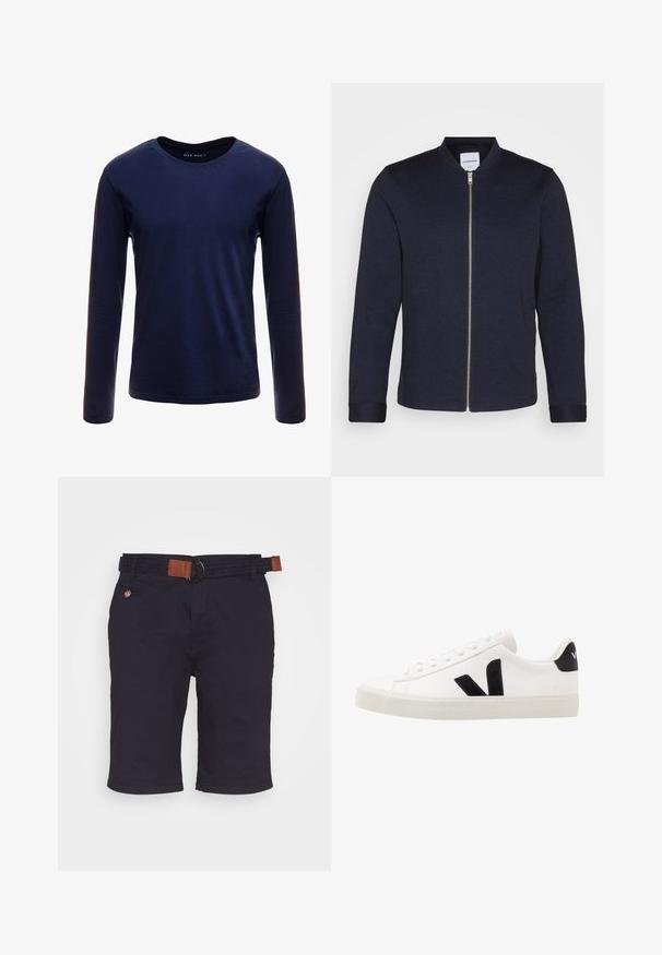 Σκούρο ναυτικό bomber jacket με φερμουάρ μπροστά, στρογγυλή λαιμόκοψη και μανίκια με κουμπιά. Φτιαγμένο από ένα λείο ύφασμα με μινιμαλιστικό σχέδιο.; Ναυτικό μπλουζάκι με μακριά μανίκια κατασκευασμένο από μαλακό βαμβάκι, με κλασικό λαιμόκοψη και απλή επιφάνεια χωρίς ορατά μοτίβα ή λεπτομέρειες.; Σκούρο μπλε βερμούδα μέχρι το γόνατο με πλεκτή ζώνη που διαθέτει καφέ δερμάτινες λεπτομέρειες και μια μικρή τσέπη με κουμπί στη δεξιά πλευρά.; Λευκό δερμάτινο sneaker με μαύρες σουέτ λεπτομέρειες; διαθέτει καουτσούκ σόλο, στρογγυλή μύτη και κλασικό σχέδιο με κορδόνια. Λογότυπο στην πλευρά σε μαύρο χρώμα.