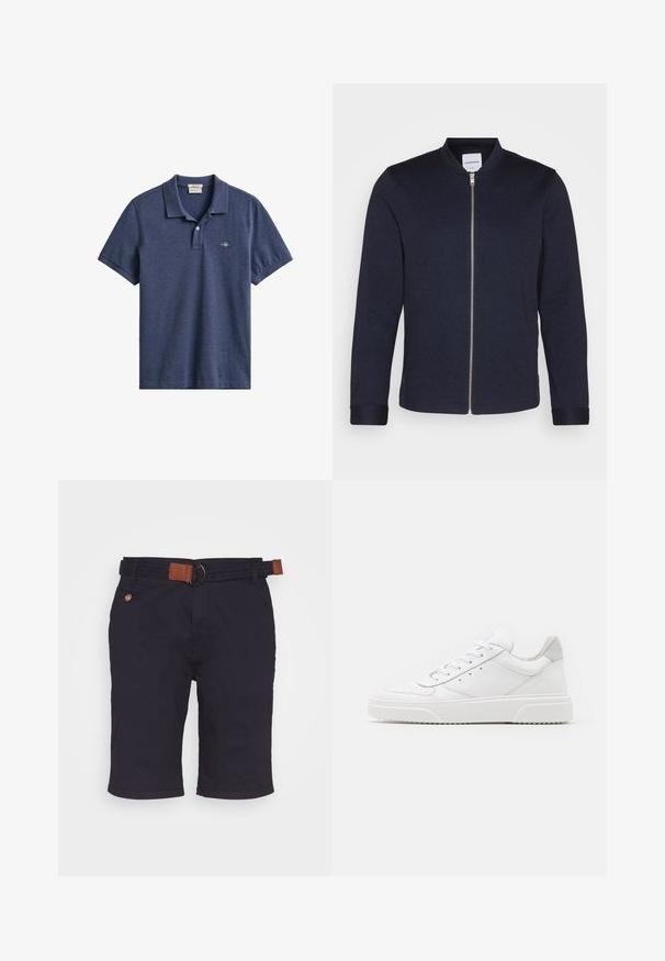 Chaqueta bomber de un oscuro color azul marino con cremallera frontal, cuello redondo y mangas con puños. Hecha de una tela suave con un diseño minimalista.; Polo azul marino de manga corta con cuello, tapeta de dos botones y pequeño logo bordado en el pecho izquierdo.; Pantalones cortos azul marino de longitud a la rodilla con un cinturón trenzado que presenta acentos de cuero marrón y un pequeño bolsillo abotonado en el lado derecho.; Zapatillas de cuero blanca con un acabado suave, punta redondeada, cordones planos y una suela texturada. Acento de ante gris en el talón.