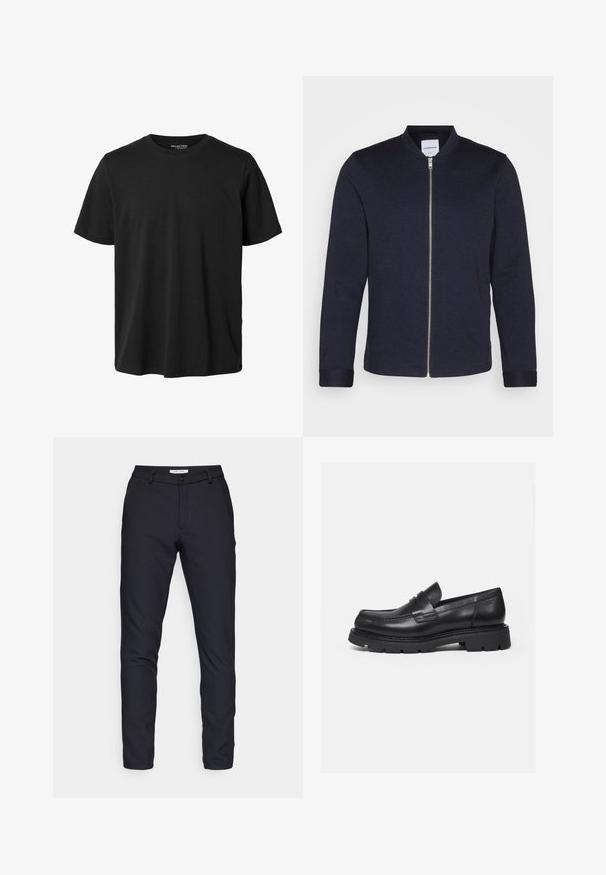Chaqueta bomber de un oscuro color azul marino con cremallera frontal, cuello redondo y mangas con puños. Hecha de una tela suave con un diseño minimalista.; Camiseta negra lisa de manga corta con cuello redondo, ajuste regular y sin diseño o marca visible en el frente.; Pantalones negros de tela sólida, con cremallera en la bragueta, cierre de botón, trabillas para el cinturón y perneras rectas sin patrones ni texturas visibles.; Mocasín negro de cuero con suela gruesa y acanalada y detalle de tira para moneda, mostrado en perfil lateral derecho sobre fondo blanco.