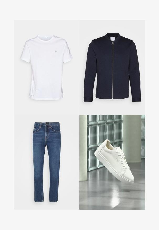 Dunkelblaue Bomberjacke mit einem Frontreißverschluss, rundem Halsausschnitt und umgeschlagenen Ärmeln. Aus einem glatten Stoff mit einem minimalistischen Design gefertigt.; Weißes Baumwoll-T-Shirt mit kurzen Ärmeln, Rundhalsausschnitt und einem kleinen Markenlabel auf der Brust. Glatte Textur und minimalistisches Design.; Dunkelblaue Jeans mit hoher Taille, geradem Bein und fünf-Taschen-Design. Mit Metallknopf und Reißverschluss.; Weißer Low-Top-Sneaker mit Schnürsenkeln, der über einem reflektierenden Betonboden vor einer Wand aus Glasbausteinen schwebt.