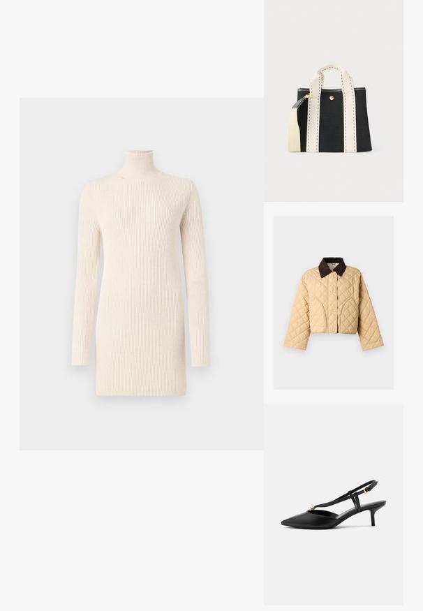 Beige gesteppte Jacke mit dunkelbraunem Cordkragen, Druckknopfverschluss vorne und geschwungenen Nahtdetails an den Vorderentaschen.; Cremfarbendes Rollkragenkleid aus geripptem Strickmaterial. Es hat lange Ärmel und eine taillierte Form, die ein glattes, strukturiertes Aussehen bietet.; Schwarzer Leder-Slingback-Kitten-Heel mit spitz zulaufender Spitze, schlankem T-Riemen, verstellbarer Schnalle und kleiner goldener Verzierung am Riemen.; Schwarze Tragetasche mit breiten, weiß abgesteppten Griffen und einem abnehmbaren weißen Schultergurt vor einfarbigem Hintergrund.
