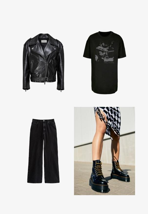 Chaqueta de motorista de cuero negro con cremallera asimétrica, tres bolsillos con cremallera, bolsillo con solapa abotonada, hombreras y cinturón ajustable.; Camiseta de algodón negra con un gráfico monocromo de un músico con una guitarra acústica, que incluye el texto "Niall Horan" en la parte inferior.; Pantalones de denim negros de pierna ancha con una cintura alta, que cuentan con un clásico diseño de cinco bolsillos y un cierre de botón, fabricados con una resistente tela de algodón.; Botas de plataforma de cuero negro con suelas gruesas, cordones dorados y costuras naranjas, combinadas con una falda de cuadros que muestra una abertura lateral.
