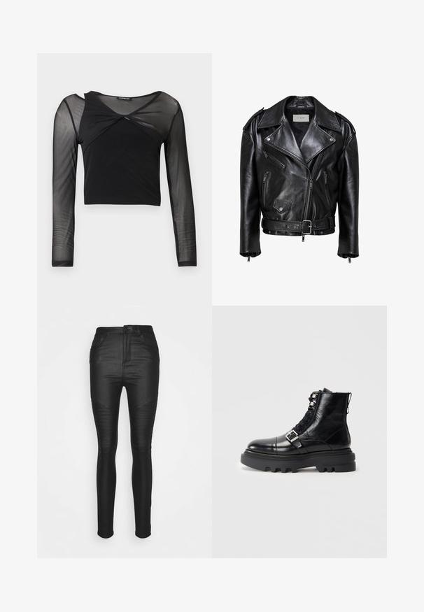 Veste de motard en cuir noir avec fermeture éclair asymétrique, trois poches zippées, poche à rabat avec bouton, épaulettes et ceinture réglable.; Haut court noir à manches longues avec un empiècement en maille transparente sur le haut de la poitrine, les épaules et les manches, doté d'un détail torsadé à l'avant du col.; Vero Moda VMSOPHIA SKINNY BIKER COATED - Jeans Skinny - black/coated; Bottine en cuir noir avec finition texturée, présentant un design à lacets, des accents en métal et une épaisse semelle en caoutchouc avec un profil prononcé.