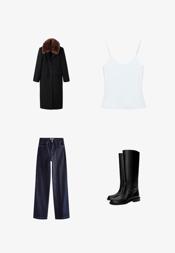 Sort lang frakke med en brun pelskrave, enkeltknappet design, to forlommer og en glat tekstur. Har en skræddersyet silhuet.; Hvid dame-camisole med tynde spaghettistropper og et tætsiddende, ensfarvet design.; Next Jeans Straight Leg - rinse blue; Sorte knæhøje læderstøvler med en glat tekstur, rund tå, flad sål og minimalistisk design, der har syede sømme og ingen synlige metaldele.