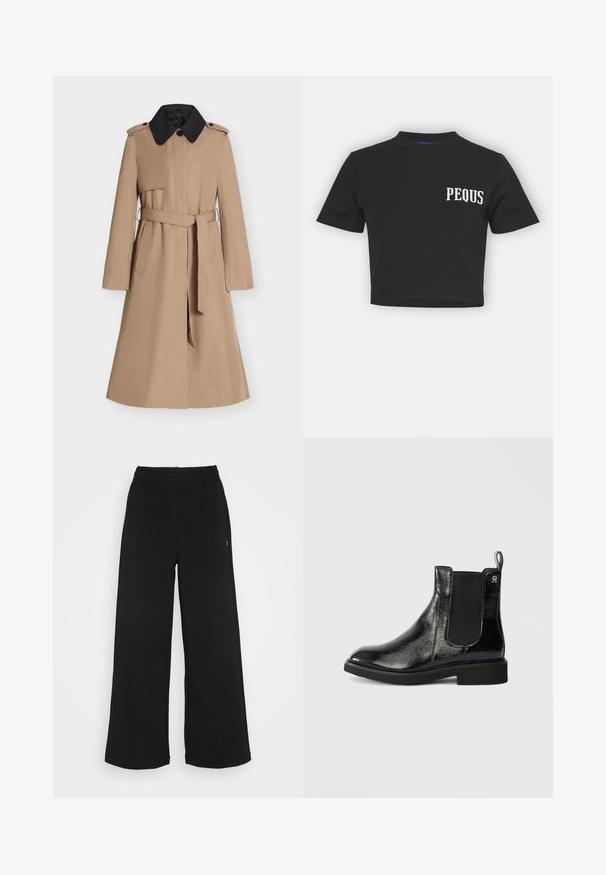 Beige trenchcoat met zwarte kraag, getailleerde taille met ceintuur, lange mouwen, schouderepauletten en voorzakken, afgebeeld op een witte achtergrond.; Zwarte cropped t-shirt van katoen, met korte mouwen en een ronde halslijn. "PEQUS" is in het wit gedrukt op de linkerborst.; Zwarte wijde broek met een elastische tailleband. Gemaakt van een zachte, lichte stof. Heeft verticale naden aan de voorkant.; Zwarte leren Chelsea boot met glanzende afwerking, elastische zijpanelen en lus. Platte zool en ronde neus. Minimalistisch ontwerp met gouden logodetail.