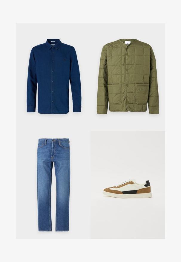 Veste matelassée vert olive en tissu léger, avec un col rond, des boutons-pression et deux poches avant avec un logo.; Chemise bleu foncé à manches longues avec boutons, col à boutonnière et logo brodé discret sur la poitrine gauche.; Jean en denim bleu avec une coupe droite, design classique à cinq poches, coutures en cuivre et un délavage pour un look usé.; Baskets présentant un mélange de matériaux blancs, bruns et noirs, avec un design en daim et cuir, une forme à bout rond et une semelle plate en caoutchouc.