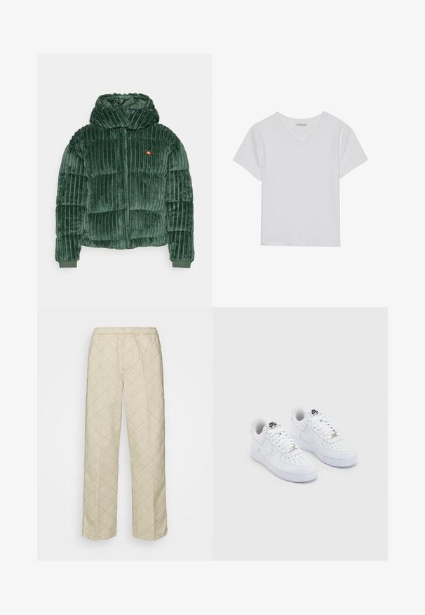 Veste rembourrée en peluche verte avec texture côtelée verticale, col haut et poignets élastiques. Petite étiquette logo sur la poitrine.; T-shirt blanc à manches courtes en V, en tissu côtelé. Présente un design épuré avec un ourlet droit et un minimum de détails.; Obey Clothing ONE TWO - Pantalon classique - unbleached multi; Baskets Nike Air Force 1 blanches avec une tige en cuir lisse, un embout perforé, des lacets blancs et un logo noir sur la languette.
