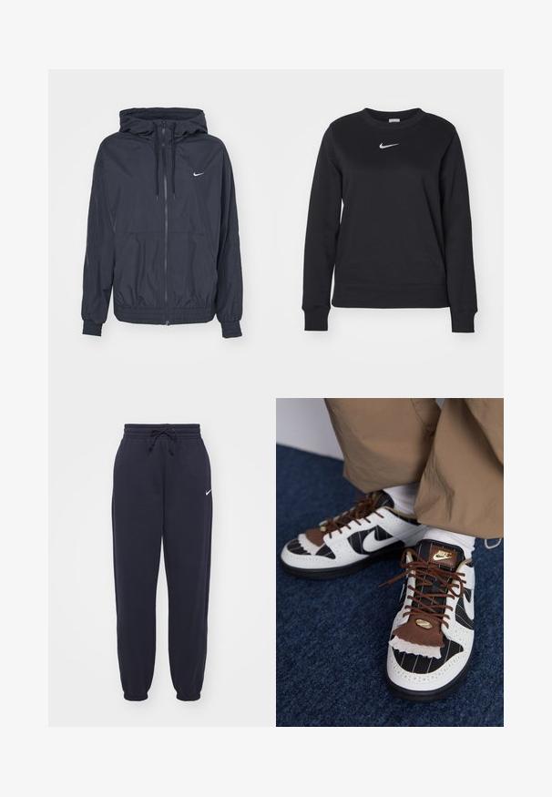 Sorte Nike vindjakke med lynlås foran, snoretræk i hætten, elastiske manchetter og sidelommer, med et diskret logo på brystet.; Sort sweatshirt lavet af bomuldsblanding, med ribbede manchetter og kant, rund halsudskæring og sølvfarvet Nike-logo på brystet.; Nike joggingbukser i navyblå, lavet af blødt materiale. Har en elastisk talje med snor og manchetter ved anklerne. Lille hvidt logo accenter.; Nike sneakers med hvide, sorte og brune materialer. Har en tekstureret brun klaff, stribet design og traditionel snøring med guld accenter.