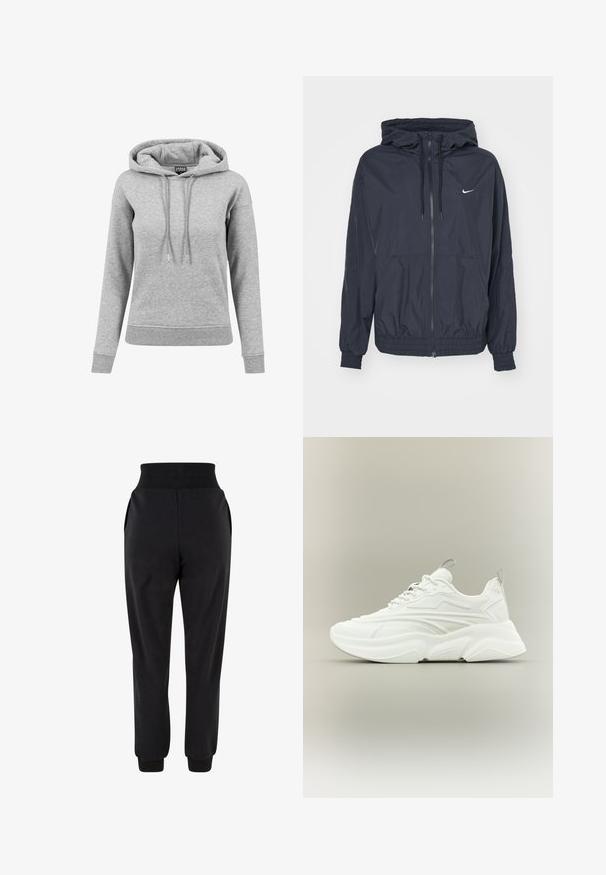 Mustast Nike'i tuulejakist, millel on lukuga eesmine osa, nööriga kapuuts, elastsed varrukad ja küljetaskud, millel on rinna peal diskreetne logo.; Hallhalli hallidest, mis on valmistatud puuvillast, sisaldab nööriga kapuutsi, pikki varrukaid, soonikuid varrukaotstes ja ääres. Lihtne disain, ilma mustriteta.; Mustad mustad püksid, millel on ribakujuline vöökoht, kaks küljetaskut ja jalge all kitsenevad varrukad, valmistatud siledast ja pehmest kangast.; Valge sportlik tennisejalanõu paksu tallaga, võrgust ja sünteetilisest materjalist pealmise osaga, nauhaga kinnitusega ning tõmbeaasadega keelel ja kandadel, külgvaade neutraalsel taustal.