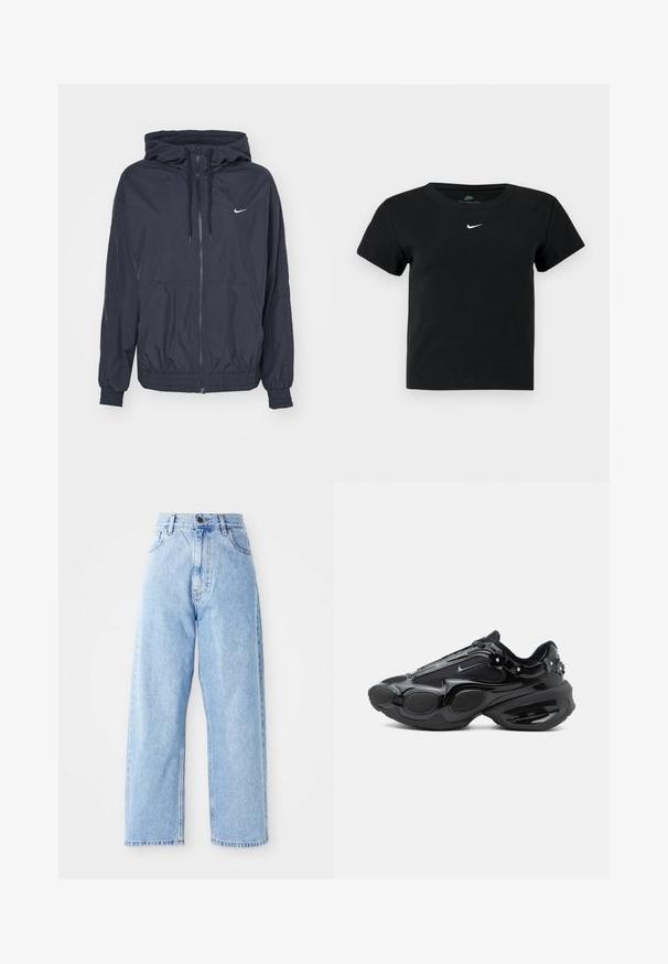 Sorte Nike vindjakke med lynlås foran, snoretræk i hætten, elastiske manchetter og sidelommer, med et diskret logo på brystet.; Sort ribbet t-shirt med korte ærmer, der har et lille hvidt Nike-logo på brystet og en rund halsudskæring.; Højhalset lysblå denimjeans med lige vide ben, frontknap, lynlås lukning samt front- og baglommer.; Sort sneaker med skinnende og netpaneler, afrundede sålesegmenter og små blomsterudsmykninger nær hælen og snørebåndene.