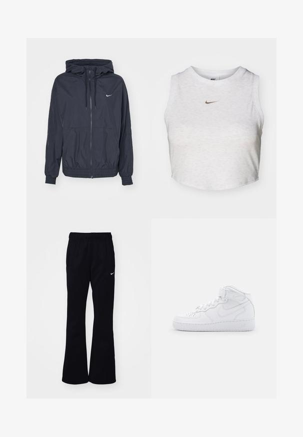 Zwarte Nike windjack met een rits aan de voorkant, een capuchon met trekkoord, elastische manchetten en zijzakken, met een subtiele logo op de borst.; Witte crop top van zacht, textuurachtig stof. Heeft een ronde hals en een mouwloos ontwerp met een klein gouden Nike-logo aan de voorkant.; Zwarte joggingbroek met een elastische tailleband, uitlopende pijpen, twee zijzakken en een wit Nike-logo aan de linkerkant.; Witte hoge sneakers van leer met een gevoerde kraag, geperforeerde neus, veters en een verstelbare enkelband; logo op de zijkant.