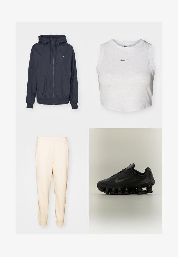 Chaqueta cortavientos negra de Nike con cremallera en la parte delantera, capucha ajustable con cordón, puños elásticos y bolsillos laterales, que presenta un logotipo sutil en el pecho.; Top corto blanco hecho de una tela suave y texturizada. Presenta un cuello redondo y un diseño sin mangas, con un pequeño logotipo dorado de Nike en la parte delantera.; Pantalones de chándal beige, ajustados en la parte inferior, hechos de una tela suave, con una cintura elástica y puños ajustados en los tobillos. Diseño minimalista, sin patrones visibles.; Zapatilla negra Nike con parte superior con cremallera y suela distintiva segmentada en forma de resorte, mostrada de perfil sobre un fondo neutro.