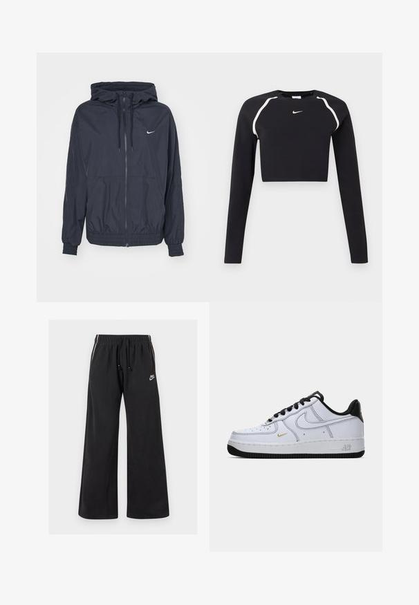 Sorte Nike vindjakke med lynlås foran, snoretræk i hætten, elastiske manchetter og sidelommer, med et diskret logo på brystet.; Sort langærmet cropped sports top med hvide buede skulderstriber og lille hvid Nike swoosh-logo i midten af brystet.; Sorte sweatpants lavet af blødt stof, med en elastisk talje og snøre, sidestriber og et lille logo på venstre front.; Hvide lav-top Nike Air Force 1 sneakers med sort sål, sorte snørebånd, sort hæl og lille gul swoosh på siden.