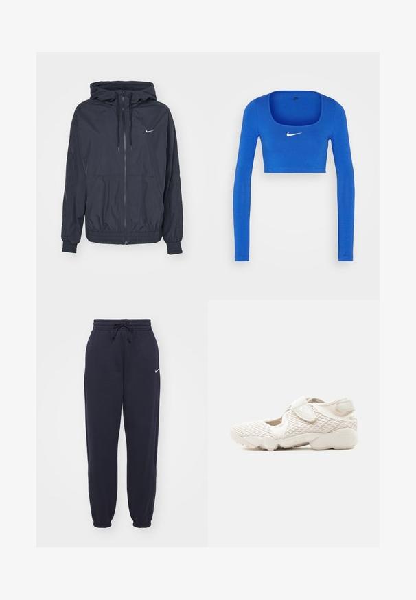 Μαύρο αδιάβροχο μπουφάν Nike με φερμουάρ μπροστά, κουκούλα με κορδόνι, ελαστικές μανσέτες και πλαϊνές τσέπες, με μια διακριτική λογότυπο στο στήθος.; Nike Sportswear W NSW LS CROP TOP SW - Μπλούζα με μακριά μανίκια - game royal/phantom; Nike φόρμες με navy μπλε χρώμα, από μαλακό υλικό. Διαθέτουν ελαστική μέση με κορδόνι και ριμπ μανσέτες. Μικρό λευκό λογότυπο.; Ανοιχτό μπεζ αθλητικό παπούτσι Nike με άνω μέρος από δίχτυ, λουράκια με βέλκρο, μαλακή σόλα και κομμένες πλευρές, σχεδιασμένο για άνεση και αναπνοή.