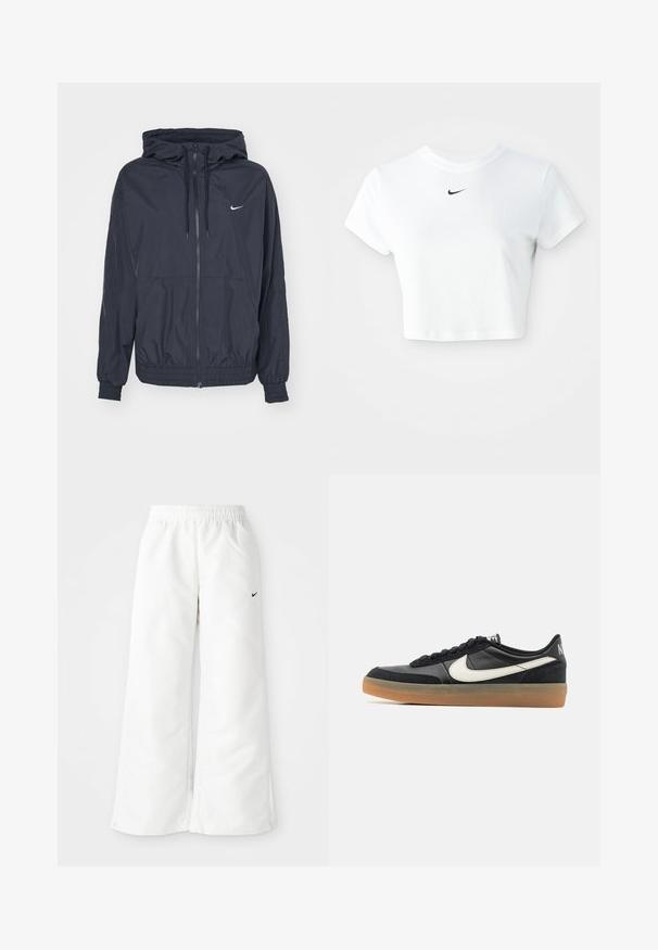 Schwarze Nike Windbreaker-Jacke mit einem Reißverschluss vorne, einer Kordelzugkapuze, elastischen Bündchen und seitlichen Taschen, die ein dezentes Logo auf der Brust zeigt.; Weißes, kurz geschnittenes T-Shirt aus Baumwolle mit kurzen Ärmeln und rundem Ausschnitt, versehen mit einem schwarzen Nike-Logo auf der Brust.; Weiße Sporthose mit weitem Bein, elastischem Bund und kleinem schwarzen Nike-Logo auf der linken Seite. Glattes, leichtes Material.; Schwarzer Sportschuh mit einem strukturierten Lederoberteil, weißem Swoosh-Logo und einer Gummisohle. Schnürdesign mit Polsterung am Kragen.