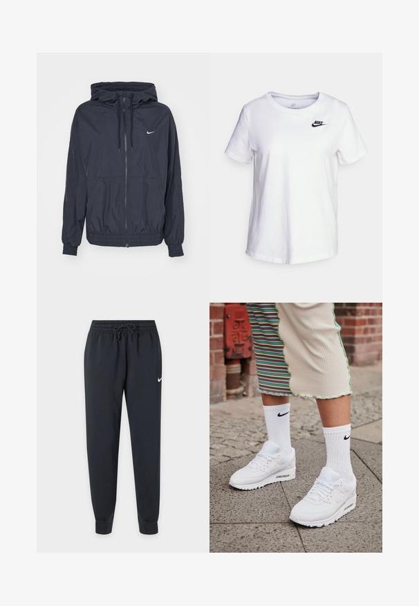 Chaqueta cortavientos negra de Nike con cremallera en la parte delantera, capucha ajustable con cordón, puños elásticos y bolsillos laterales, que presenta un logotipo sutil en el pecho.; Camiseta de algodón blanca con cuello redondo y mangas cortas. Presenta un logotipo negro de Nike en la parte superior izquierda del pecho.; Pantalones de chándal negros Nike con cinturilla elástica y cordón, piernas ajustadas, tobillos con puños y pequeño logo blanco de Nike en el muslo derecho.; Zapatillas Nike Air Max 90 blancas con parte superior de malla y cuero, que cuentan con una unidad de aire visible, combinadas con calcetines blancos con relieve y logotipo negro.
