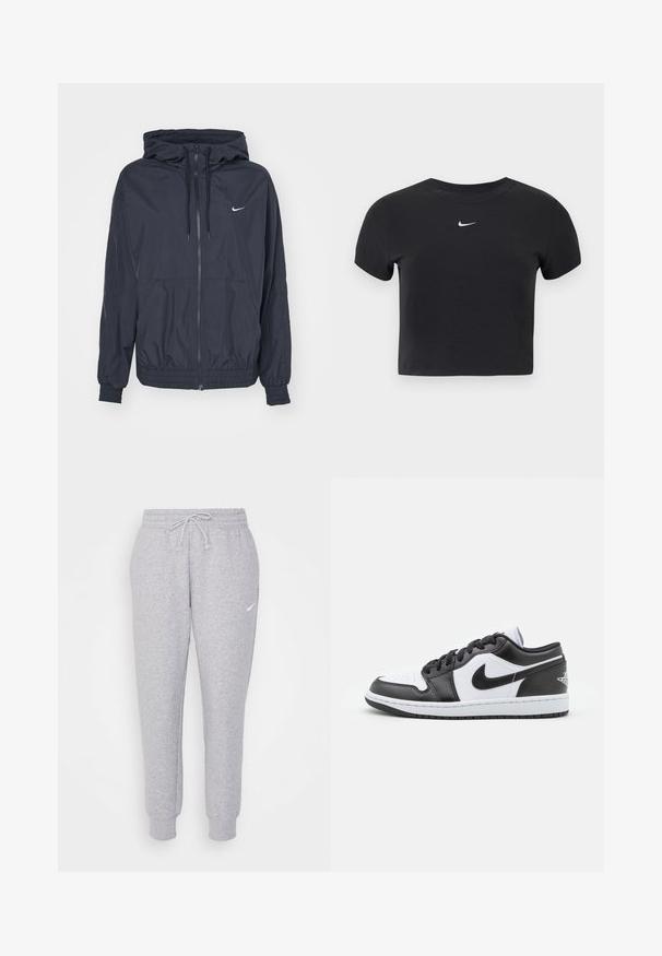 Schwarze Nike Windbreaker-Jacke mit einem Reißverschluss vorne, einer Kordelzugkapuze, elastischen Bündchen und seitlichen Taschen, die ein dezentes Logo auf der Brust zeigt.; Schwarzes, kurz geschnittenes T-Shirt aus Baumwolle mit rundem Ausschnitt und kurzen Ärmeln. Auffälliges weißes Nike-Logo auf der Brust.; Hellgraue Sweatpants mit einem Kordelzug in der Taille, schmal zulaufenden Beinen und einem kleinen weißen Logo am linken Oberschenkel. Hergestellt aus einem weichen, strukturierten Stoff.; Schwarz-weiße Nike Low-Top-Sneaker verfügen über ein glattes Leder-Obermaterial, eine runde Zehenpartie, eine Schnürung und eine gemusterte Gummisohle.