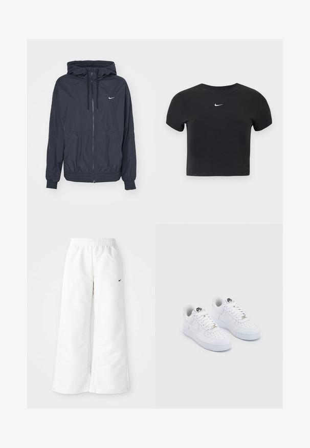 Black Nike windbreaker jacket with a zippered front, drawstring hood, elastic cuffs, and side pockets, featuring a subtle logo on the chest.; Black cropped t-shirt made of cotton, featuring a round neckline and short sleeves. Notable white Nike logo on the chest.; White athletic pants with a wide-leg design, elastic waistband, and a small black Nike logo on the left side. Smooth, lightweight material.; White Nike Air Force 1 sneakers with a smooth leather upper, perforated toe box, white laces, and black branding on the tongue.