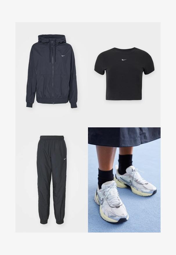 Chaqueta cortavientos negra de Nike con cremallera en la parte delantera, capucha ajustable con cordón, puños elásticos y bolsillos laterales, que presenta un logotipo sutil en el pecho.; Camiseta negra recortada de algodón, con cuello redondo y mangas cortas. Destaca el logo blanco de Nike en el pecho.; Pantalones de chándal negros de Nike hechos de un tejido ligero, con una cinturilla y puños elásticos, y un pequeño logo blanco en la pierna izquierda.; Zapatillas Nike blancas y plateadas con tejido de malla, detalles reflectantes y una suela beige. Llevadas con calcetines negros, de pie sobre una superficie azul.