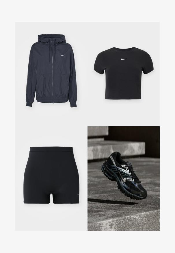 Schwarze Nike Windbreaker-Jacke mit einem Reißverschluss vorne, einer Kordelzugkapuze, elastischen Bündchen und seitlichen Taschen, die ein dezentes Logo auf der Brust zeigt.; Schwarzes, kurz geschnittenes T-Shirt aus Baumwolle mit rundem Ausschnitt und kurzen Ärmeln. Auffälliges weißes Nike-Logo auf der Brust.; Schwarze Sportshorts aus glattem, elastischem Material, mit einem mittelhohen Bund und einem kleinen Nike-Logo auf der linken Seite.; Schwarzer und silberner Nike Laufschuh, der über Betontreppen schwebt und im Außenbereich detailliertes Design und strukturierte Sohle zeigt.