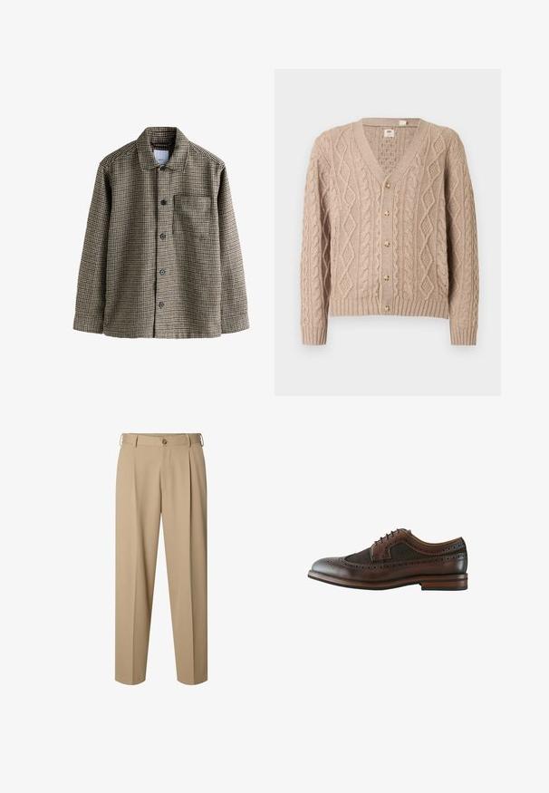 Braun und beige karierter Hemdjacke mit Kragen, Knopfleiste, langen Ärmeln und einer Brusttasche. Strukturiertes Gewebe mit klassischem Muster.; Beige Strickjacke mit Zopfmuster, V-Ausschnitt, sechs Knöpfen vorne und gerippten Bündchen sowie Saum.; Beige maßgeschneiderte Hose mit vorderen Falten, Gürtelschlaufen, Knopfverschluss und geradem Bein.; Dunkelbrauner Leder-Wingtip-Brogue-Schuh mit dekorativen Perforationen, Schnürverschluss und Holzsohle mit mehrlagigem Absatz.