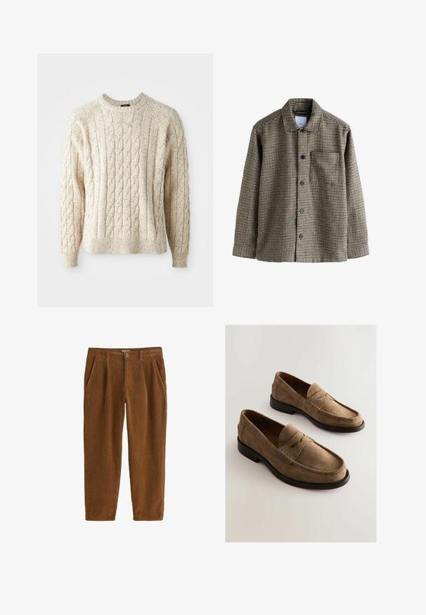 Hnedo-beige károvaná košela s náprsenkou, s golierom, so zapínaním na gombíky, dlhými rukávmi a jednou náprsníkou. Textúrovaná látka s klasickým vzorom.; Krémový sveter s kabelovým úpletom, okrúhlym výstrihom, textúrovaným vzorom a rebrovanými manžetami a lemom. Vyrobený z mäkkej, hrubej priadze.; Hnedé kordové nohavice s rovnými nohavicami, prednými záhybmi, šikmými vreckami a jedným gombíkom na zapínanie v páse.; Hnedé semišové mokasíny s dizajnom mokasín, prešívaním a hladkou koženou podrážkou. Majú jemný vyvýšený šev na priehlavku.